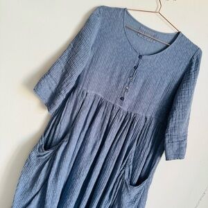 GRIZAS Cotton Linen Crinkle Oversized Midi Dress Cornflower Blue S